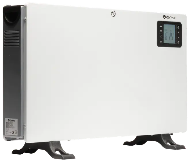 Slank hvid elpanelvarmer med sort sidehus, digital termostatdisplay, betjeningsknapper og fritstående fødder.