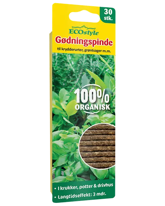 Pakke med 30 ECOstyle 100% organiske gødningspinde til krydderurter og grøntsager, til krukker, potter og drivhus, med langtidseffekt i 3 måneder.