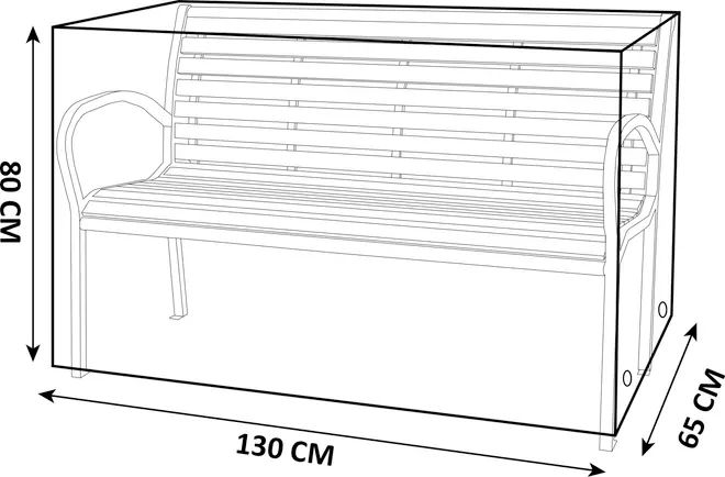 Gennemsigtigt beskyttelsesovertræk til bænk, måler 130 cm bred, 80 cm høj og 65 cm dyb. Designet til at beskytte udendørs bænke mod vejrforhold.