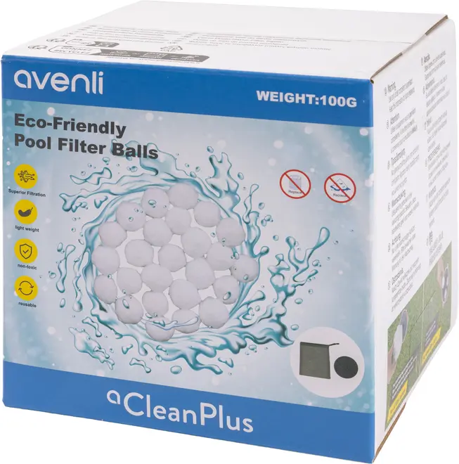 Förpackning med miljövänliga poolfilterbollar, 100g. För poolfiltrering. Egenskaper: överlägsen filtrering, lättvikt, giftfri, återanvändbar. Märke: Avenli. CleanPlus-serien.