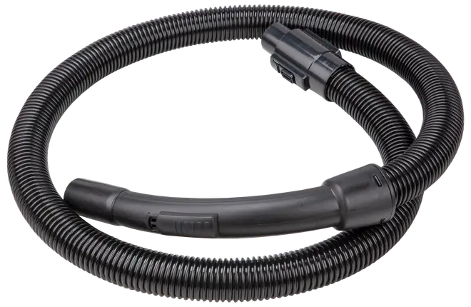 Flexibel svart dammsugarslang med räfflad yta, ergonomiskt handtag och anslutningsändar. Tillverkad i slitstark plast, passar olika dammsugarmodeller.