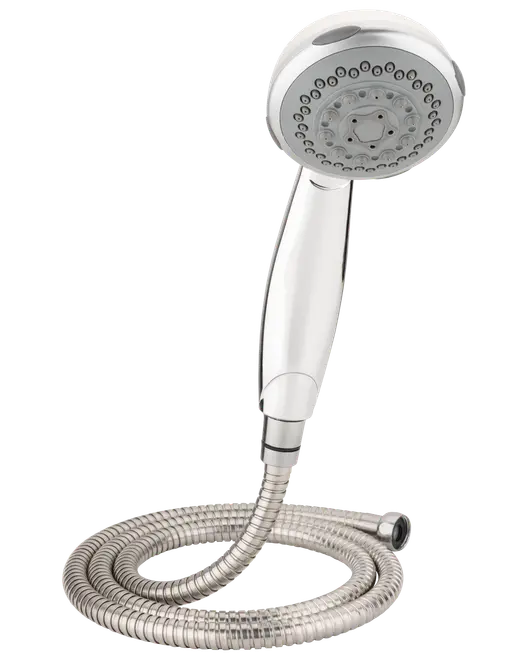 Håndholdt brusehoved med justerbare sprayindstillinger, kromfinish og fleksibel slange i rustfrit stål. Ergonomisk håndtag, nem montering, passer til moderne badeværelser.