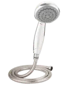 Håndholdt brusehoved med justerbare sprayindstillinger, kromfinish og fleksibel slange i rustfrit stål. Ergonomisk håndtag, nem montering, passer til moderne badeværelser.