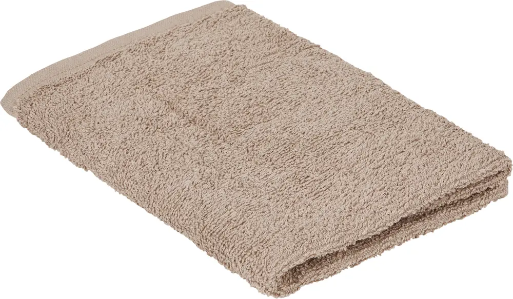 Beige handduk i bomull, rektangulär med texturerad yta och slät kant. Mjuk, absorberande och passar badrum eller kök. Prydligt vikt för visning.