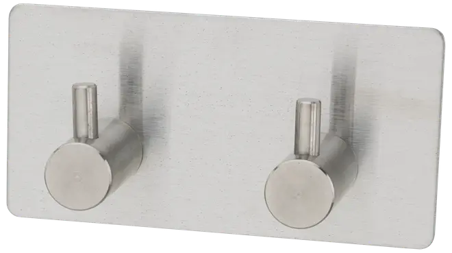 Vægkrog i rustfrit stål med to cylindriske knager på rektangulær plade. Moderne, børstet finish, ideel til håndklæder, badekåber eller tilbehør i badeværelse eller køkken.