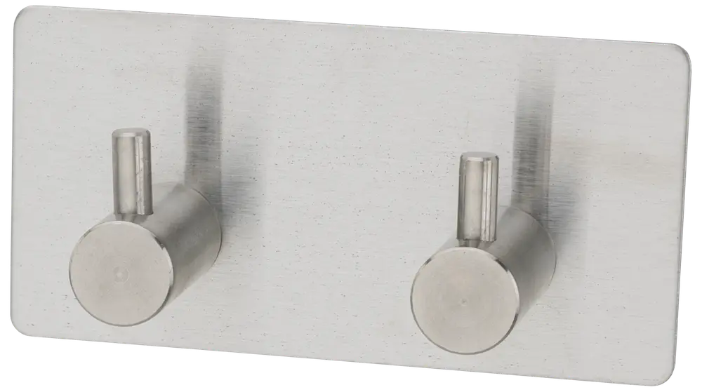 Väggkrok i rostfritt stål med två cylindriska krokar på rektangulär platta. Modern, borstad yta, passar för handdukar, badrockar eller tillbehör i badrum eller kök.