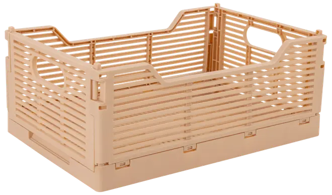 Beige plastikkasse med lamelsider, rektangulær form og indbyggede håndtag i enderne. Sammenklappeligt design til nem opbevaring og transport. Velegnet til organisering af ting.