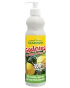 Vit pumpflaska med ECOstyle 100 % organisk gödning för citrus- och olivväxter, gulgrön etikett.