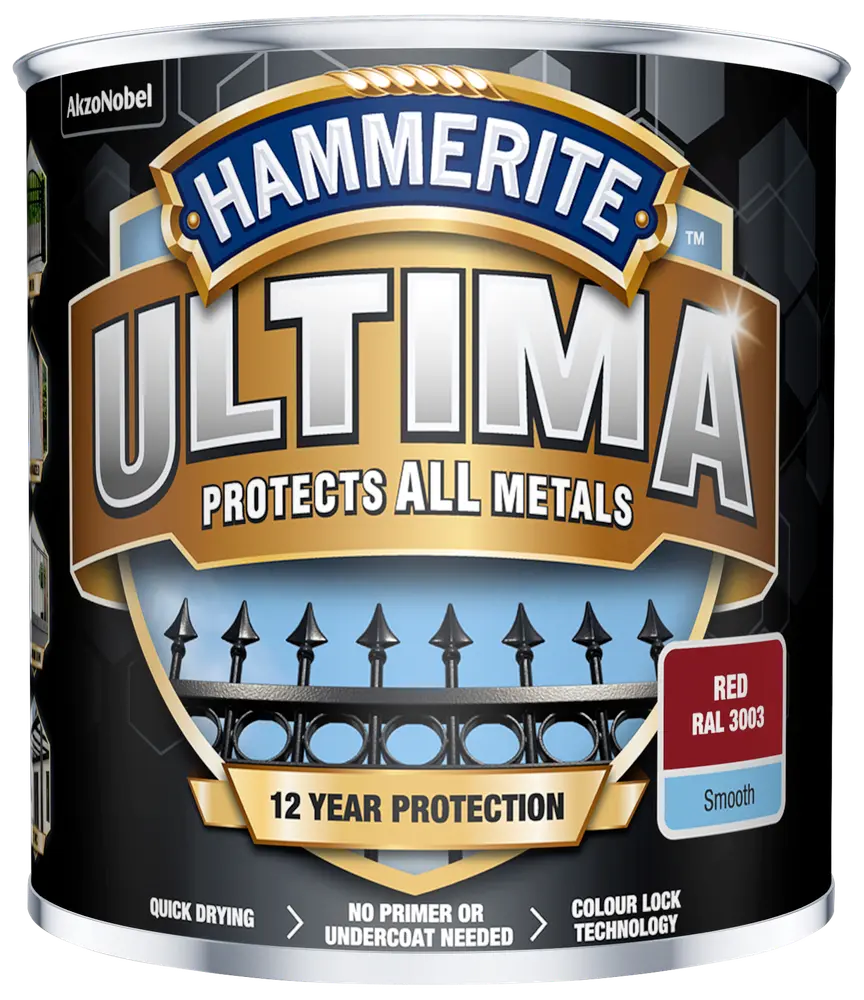 Hammerite Ultima metalmaling, rød RAL 3003, glat finish. Beskytter alle metaller, 12 års beskyttelse, hurtigtørrende, ingen grunder nødvendig, farvelås-teknologi. 750 ml dåse.