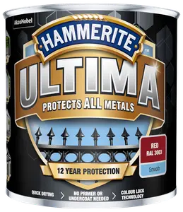 Hammerite Ultima metalmaling, rød RAL 3003, glat finish. Beskytter alle metaller, 12 års beskyttelse, hurtigtørrende, ingen grunder nødvendig, farvelås-teknologi. 750 ml dåse.