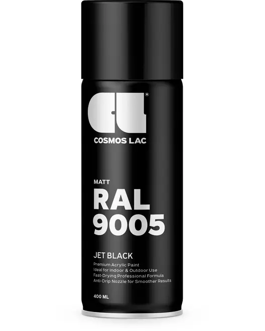 400 ml spraydåse med Cosmos Lac mat akrylmaling, RAL 9005 jet black. Velegnet til indendørs og udendørs brug, hurtigtørrende, anti-dryp dyse for jævnt resultat.