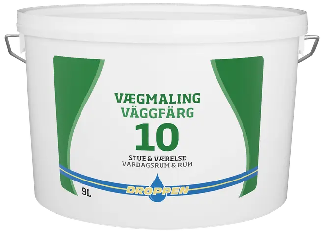 Hvid 9-liters plastikspand med Droppen vægmaling til stue og værelse, mærket på dansk og svensk, grøn og blå dekoration, metalhåndtag på hver side.