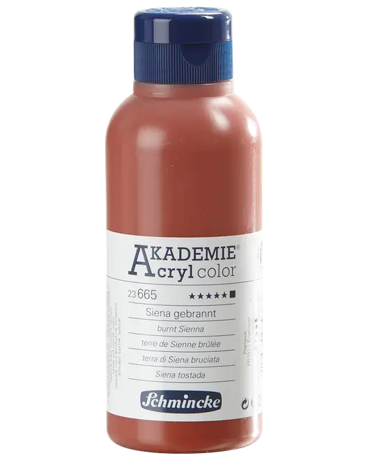 500 ml flaska Schmincke Akademie akrylfärg i bränd sienna, med blått skruvlock och vit etikett med produktinformation på flera språk.