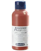 500 ml flaska Schmincke Akademie akrylfärg i bränd sienna, med blått skruvlock och vit etikett med produktinformation på flera språk.