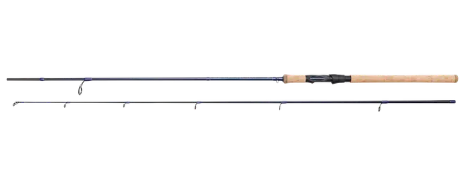 Lang sort fiskestang med korkhåndtag, lineringe og metalhjulholder.