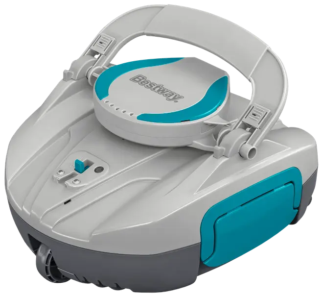Automatisk poolrenser robot i grå og turkis med bærehåndtag, Bestway-logo og sideadgangspanel. Designet til effektiv og nem rengøring af poolbunde.