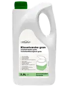 Hvid 2,5 L plastdunk til toiletkemi med grøn kapsel, CampOut-label, koncentreret formel og grøn emballage.