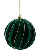 Grøn fløjlsjuletræskugle med guldfarvede glimmerstriber, guldfatning og ophængssnor. Elegant og blød tekstur, ideel til juletræspynt.