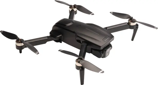 Elegant sort quadcopter-drone med fire foldbare propelarme, indbygget kamera foran og aerodynamisk design. Perfekt til luftfotografering, videooptagelse og rekreativ flyvning.