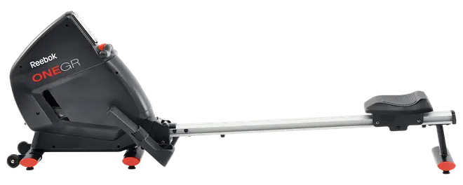 Reebok ONE GR romaskine med sort og sølv ramme, polstret sæde, fodstøtter og digitalt display, ideel til hjemmetræning og helkropskondition.