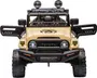 Børne elbil, Toyota model, beige farve, robust offroad-design, fungerende forlygter, åbne døre, store dæk, frontgitter med Toyota-logo, taglygter og detaljeret instrumentbræt.