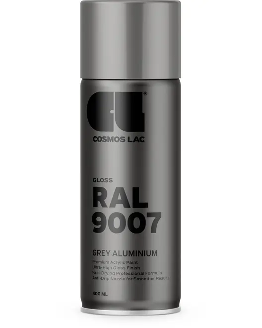 400 ml spraydåse med Cosmos Lac blank akrylmaling, RAL 9007 grå aluminium, ultra-højglans finish, hurtigtørrende, anti-dryp dyse for professionelle resultater.