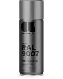 400 ml spraydåse med Cosmos Lac blank akrylmaling, RAL 9007 grå aluminium, ultra-højglans finish, hurtigtørrende, anti-dryp dyse for professionelle resultater.