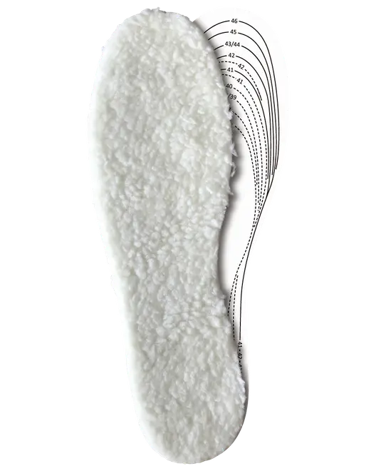 Vit, mjuk fleeceinnersula för skor med storleksguide under. Ger värme och komfort, kan klippas till olika skostorlekar. Perfekt för vinterskor.
