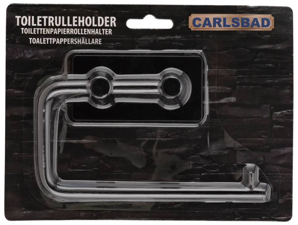 Toalettrullehållare i krom med väggfäste, modern design, passar standardrullar. Monteringsmaterial ingår. Hållbar metallkonstruktion, enkel installation, märke: Carlsbad.