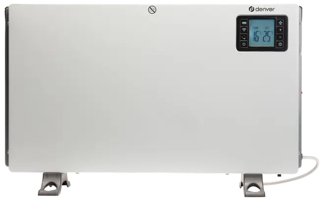 Hvid Denver elpanelvarmer med digital termostatvisning, betjeningsknapper og fritstående fødder.