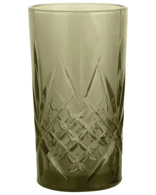 Oliven grøn glastumbler med facetslebet diamantmønster i bunden. Cylindrisk form, gennemsigtig og dekorativ indgravering for et elegant, vintage-inspireret udseende. Rummer ca. 300 ml.
