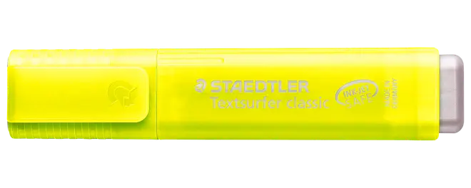 Gul Staedtler Textsurfer Classic overstregningstusch med skrå spids, gennemsigtig krop og clip-låg. Inkjet-sikker, kompakt design for nem håndtering og opbevaring.