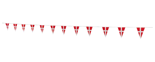 Snor med trekantede vimpler med Dannebrog-design, rød med hvidt kors. Velegnet til fester, begivenheder eller dekoration. Vimplerne er jævnt fordelt på en hvid snor.