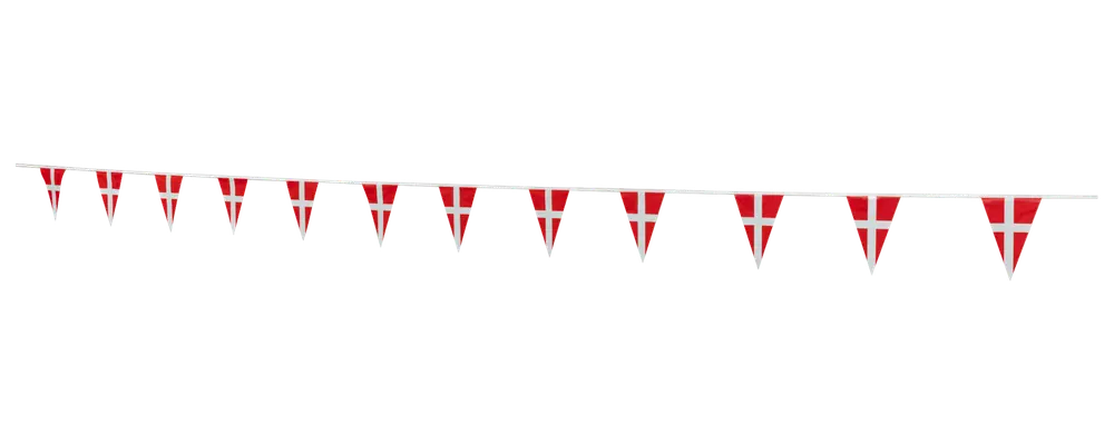 Snor med trekantede vimpler med Dannebrog-design, rød med hvidt kors. Velegnet til fester, begivenheder eller dekoration. Vimplerne er jævnt fordelt på en hvid snor.