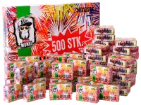 Æske med 500 Mini Monki knaldperler, hver lille æske indeholder 10 stk. Farverig emballage med fyrværkeridesign og abelogo. Perfekt til fest og sjov.