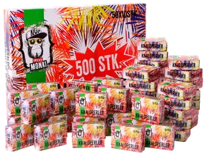 Æske med 500 Mini Monki knaldperler, hver lille æske indeholder 10 stk. Farverig emballage med fyrværkeridesign og abelogo. Perfekt til fest og sjov.