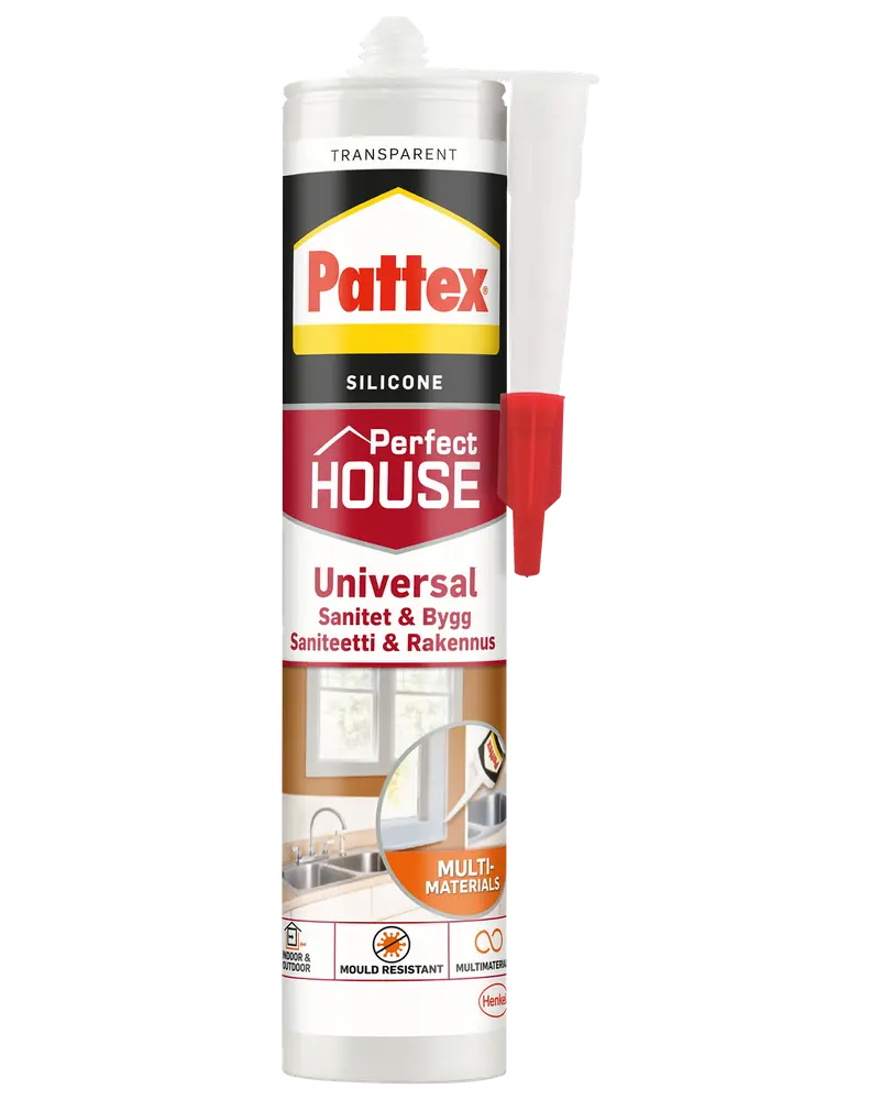 Pattex Perfect House Universal transparent silikonefugemasse, egnet til sanitet og byggeri, mugresistent, til indendørs og udendørs brug, kompatibel med flere materialer, 280ml patron.