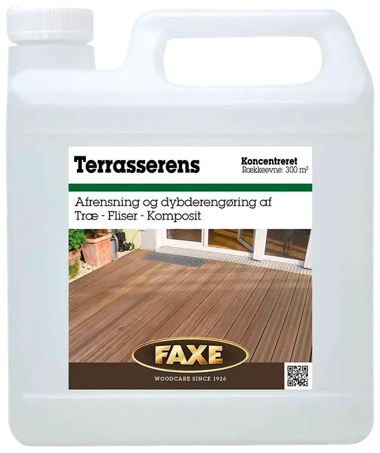 FAXE Terrasserens, koncentreret væske til dybderens og vedligeholdelse af træ, fliser og komposit. Egnet til udendørs brug, rækker op til 300 m² pr. beholder.