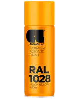 400 ml spraydåse med Cosmoslac premium akrylmaling i RAL 1028 melon gul, med en klar gul-orange farve og sort trykt tekst på cylindrisk dåse.