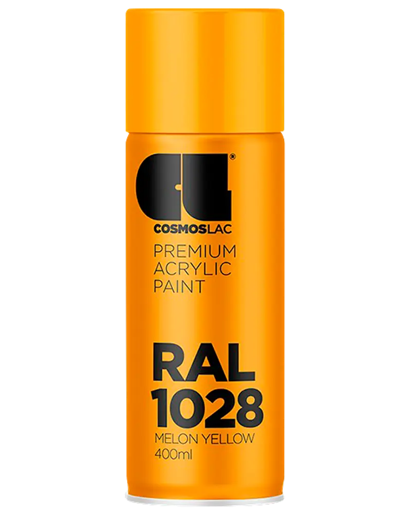 400 ml spraydåse med Cosmoslac premium akrylmaling i RAL 1028 melon gul, med en klar gul-orange farve og sort trykt tekst på cylindrisk dåse.