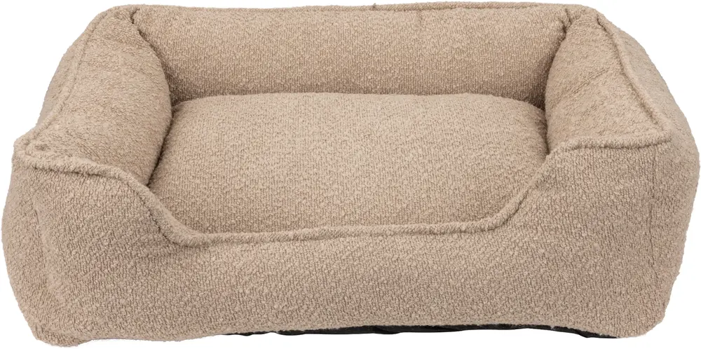 Rektangulær beige kæledyrsseng med hævede sider og blødt, tekstureret stof. Giver komfortabel støtte til kæledyr. Passer til små til mellemstore hunde eller katte.