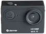 Kompakt sort actionkamera med vidvinkelobjektiv, tænd/sluk-knap, "OK"-knap på toppen, HD 1080P opløsning, Wi-Fi funktion og Denver-logo på fronten.