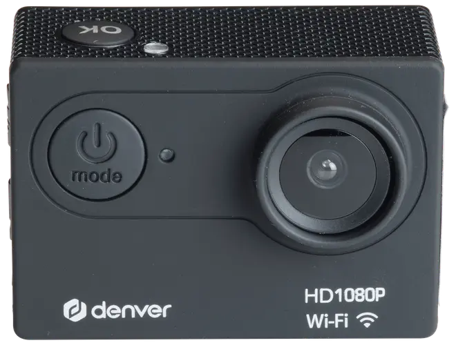 Kompakt sort actionkamera med vidvinkelobjektiv, tænd/sluk-knap, "OK"-knap på toppen, HD 1080P opløsning, Wi-Fi funktion og Denver-logo på fronten.