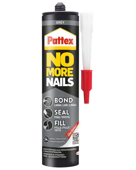 Pattex No More Nails grå lim- og tætningsmasse med dyse, egnet til limning, tætning og fyldning. Skimmelresistent, til indendørs og udendørs brug. Nem at påføre med medfølgende applikator.