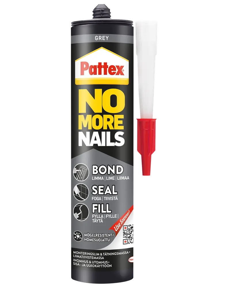 Pattex No More Nails grå lim- og tætningsmasse med dyse, egnet til limning, tætning og fyldning. Skimmelresistent, til indendørs og udendørs brug. Nem at påføre med medfølgende applikator.