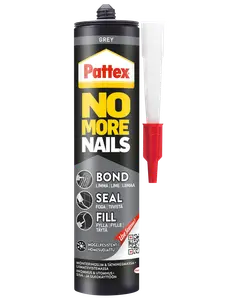 Pattex No More Nails grå lim- og tætningsmasse med dyse, egnet til limning, tætning og fyldning. Skimmelresistent, til indendørs og udendørs brug. Nem at påføre med medfølgende applikator.