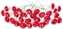 Sæt små kunstige svampe med røde hatte og hvide prikker, hvide stilke og grønne tråd-stilke. Perfekte til dekoration, hobby eller blomsterarrangementer. Blank overflade.