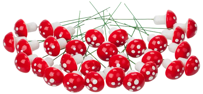 Sæt små kunstige svampe med røde hatte og hvide prikker, hvide stilke og grønne tråd-stilke. Perfekte til dekoration, hobby eller blomsterarrangementer. Blank overflade.