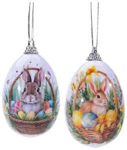 Sæt med to æggeformede ornamenter med malede kaniner i kurve omgivet af farverige påskeæg og forårsblomster, hver med sølvfarvet ophængssnor.