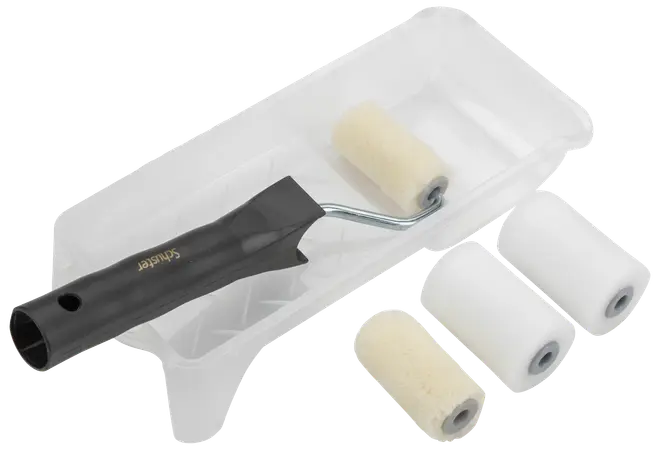 Målarset med svart handtag, fyra utbytbara rollers och vit plastbricka. Passar för släta och halvsläta ytor, perfekt för små målningsprojekt och bättringsmålning.